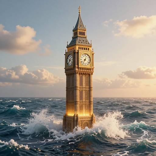 Photorealistic image of Big Ben clock tower emerging from ocean waves under a bright, partly cloudy sky at sunset.