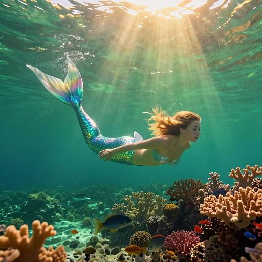 Photograph of a mermaid with a shimmering blue and green tail, floating underwater among colorful coral reefs, bathed in sunlight rays.