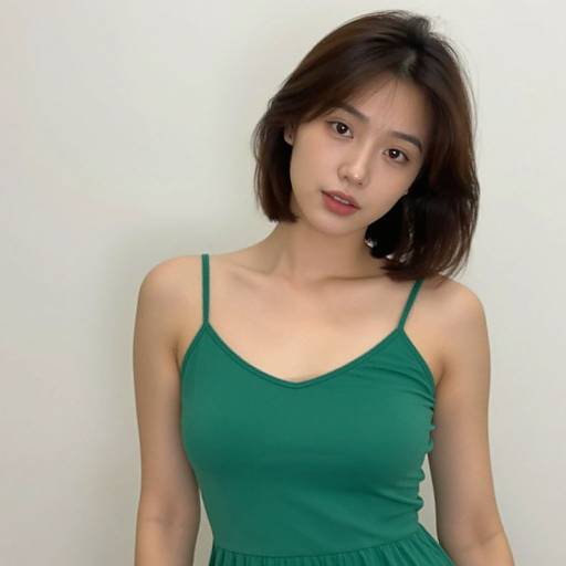 Photograph of an Asian woman with short black hair, wearing a green spaghetti-strap dress, standing against a plain white background.