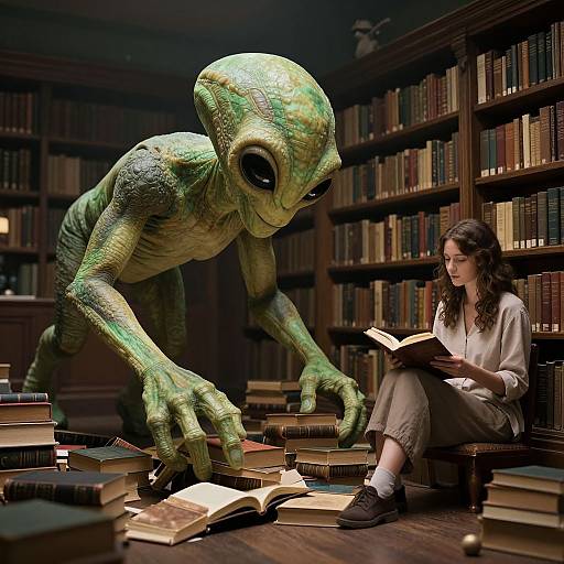 Photorealistic image: Green, alien creature with large eyes and textured skin leans over books, while a brown-haired woman in white blouse and beige pants