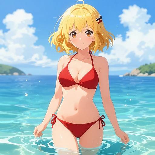 Blonde Girl in Red Bikini at Sea