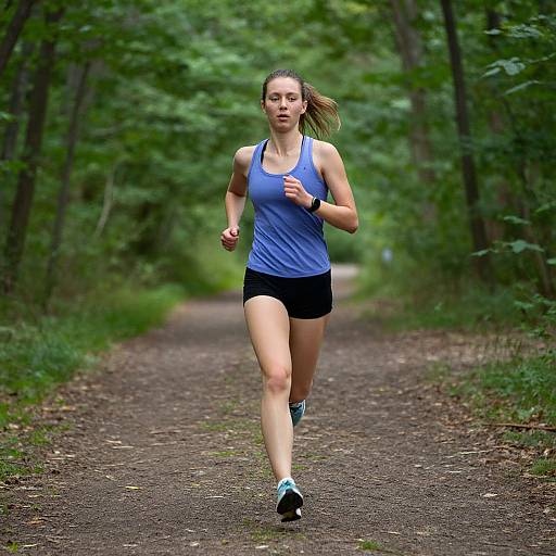 Photograph of a determined, athletic woman with light skin and brown hair in a ponytail, wearing a blue tank top, black shorts, and running