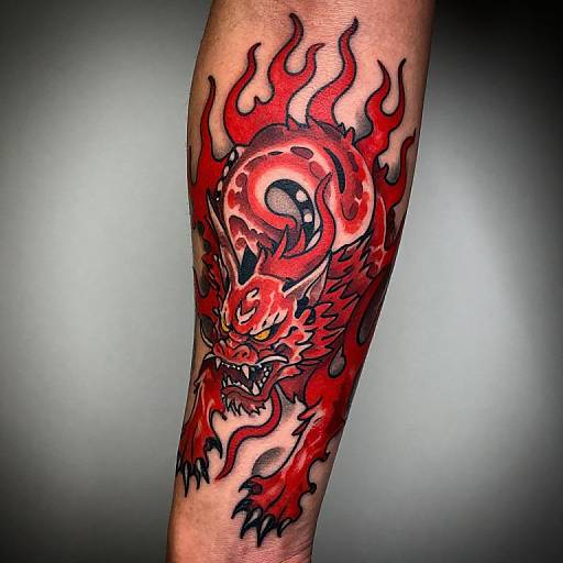 Vibrant red and black tattoo of a fierce, roaring dragon with flames on a forearm, showcasing bold outlines and intense detail.