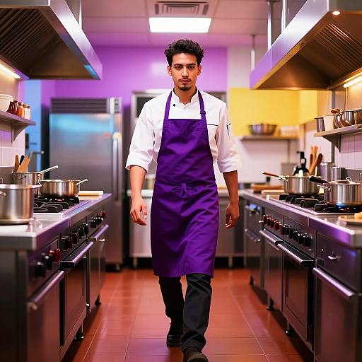 Photograph of a young, handsome male chef with short black hair, wearing a white shirt and purple apron, walking down a modern, brightly lit