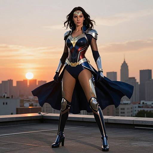 Photograph of Wonder Woman in metallic armor and black cape, standing on rooftop at sunset with city skyline background.