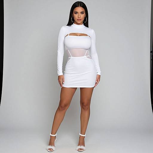 Photograph of a curvy woman with long black hair, wearing a white, long-sleeve, cut-out dress and white high heels, standing