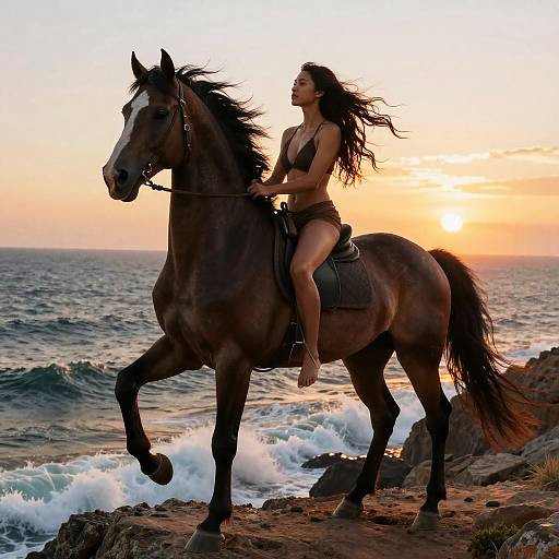 Photograph of a silhouetted woman with long dark hair, wearing a black bikini, riding a dark brown horse along a rocky beach at sunset