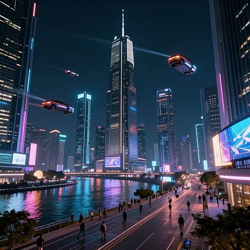 Neon-lit futuristic cityscape photograph: towering skyscrapers with glowing blue, pink, and purple lights, flying cars, busy street, reflective