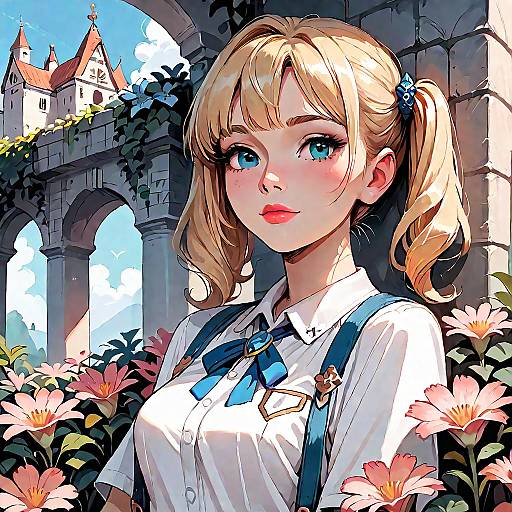 Digital anime-style drawing of a blonde girl with blue eyes, wearing a white shirt and blue ribbon, standing among pink flowers in front of a medieval stone