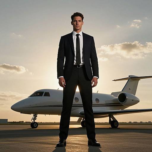 Photograph of a serious, dark-haired man in a black suit standing in front of a white private jet at sunset.