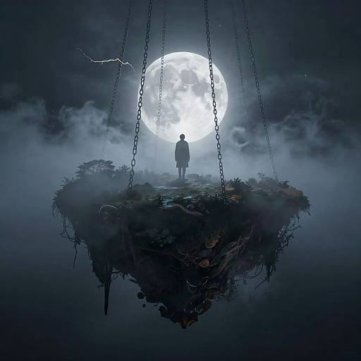 Digital art: Silhouetted figure on a floating, chain-suspended island, facing a glowing full moon in a misty, dark blue night