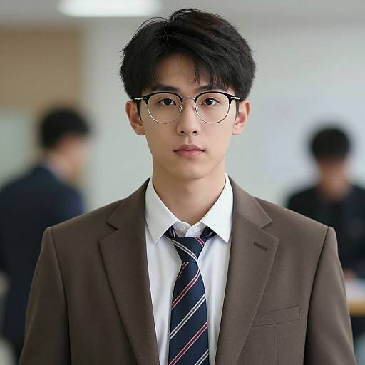 Photograph of an Asian teenage boy with black hair, glasses, and brown suit, wearing a white shirt and striped tie, standing in a blurred office