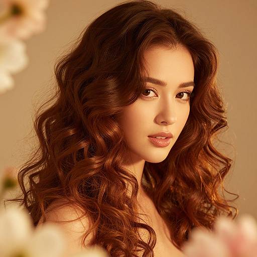 Photograph of a beautiful young woman with wavy, auburn hair, light skin, and subtle makeup, set against a warm beige background with