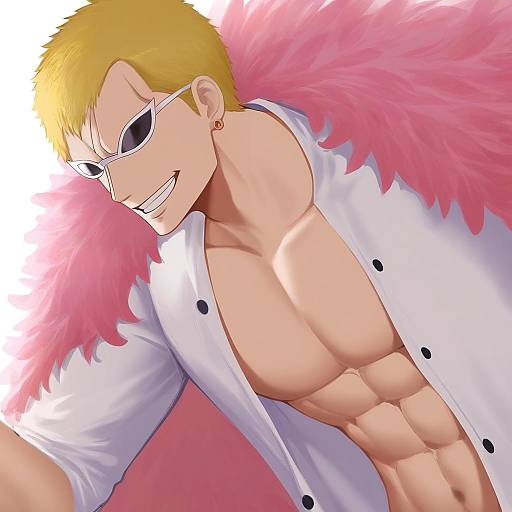 Illustration of Donquixote doflamingo, one piece in the style of An yasuri