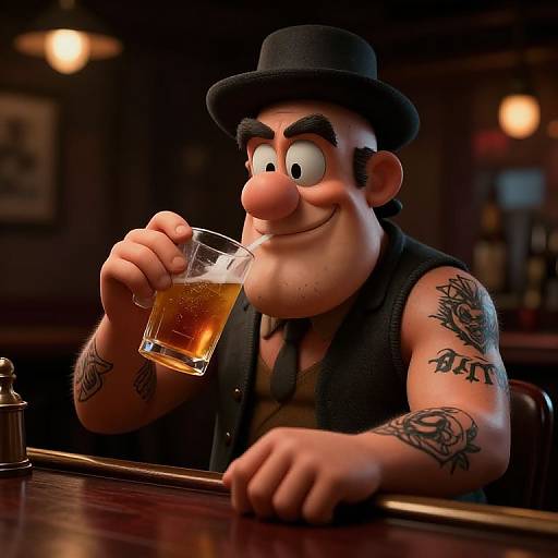 CGI cartoon of a tattooed, muscular man with a black hat and sleeveless vest, smiling while sipping beer at a dimly lit bar