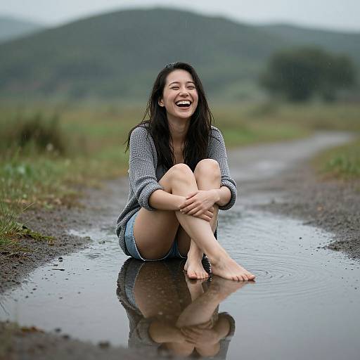 Photograph of a smiling Asian woman with long black hair, wearing a gray cardigan and denim shorts, sitting barefoot in a puddle on a