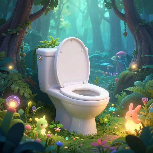 Whimsical forest scene with glowing mushrooms, fairy lights, and a white toilet with an open lid amidst lush greenery. Enchanted, magical