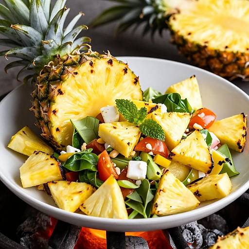 Grilled pineapple chunks with diced tomatoes, cucumbers, mint, and feta in a white bowl, topped with a whole pineapple. Vibrant