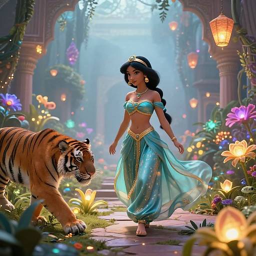 Digital art: Princess in turquoise harem outfit and gold jewelry walks beside a tiger in a magical, lantern-lit garden with glowing flowers.