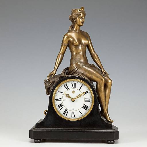 Gilded bronze clock statue of a topless, draped classical woman with a laurel wreath, sitting gracefully, holding a bag.