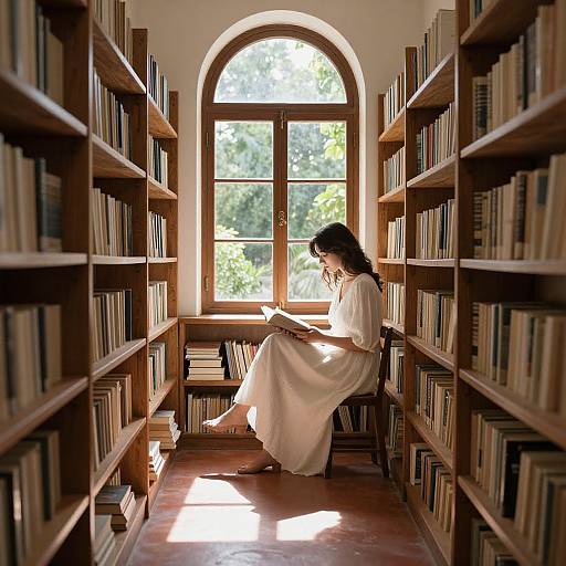 Photograph of a woman in a white dress, reading in a sunlit library aisle with tall wooden bookshelves, arch window behind her.
