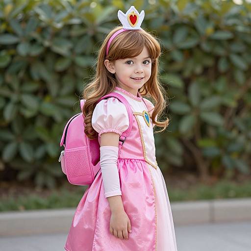Photograph of a young girl with long brown hair, wearing a pink princess dress, white crown, pink backpack, and white gloves, standing outdoors against