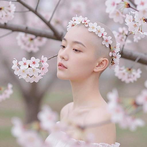 Ethereal Bald Girl with Cherry Blossoms