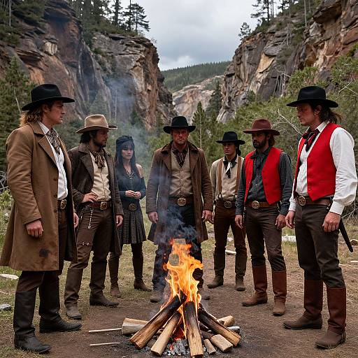 Photograph of six Western-style cowboys standing around a campfire in a rocky canyon, wearing hats, vests, and coats, with a forested