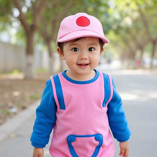 Photograph of a cute Asian toddler with dark eyes, wearing a pink hat with a red button, pink and blue outfit, standing on a sunny,