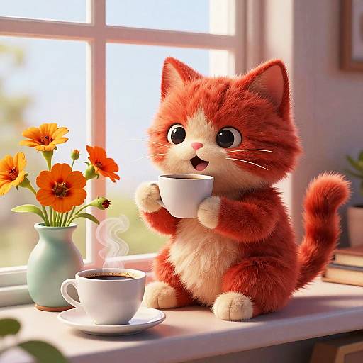 Cute, fluffy, red-orange kitten with large eyes, holding a steaming cup, sitting on a sunlit windowsill with orange flowers. Digital