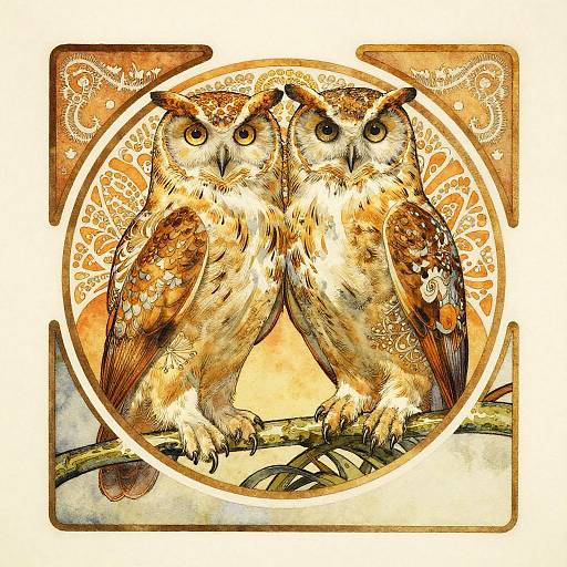 Vintage Owl Couple in Art Nouveau
