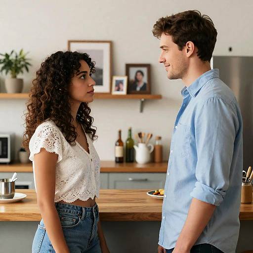 Couple Facing Each Other in Kitchen