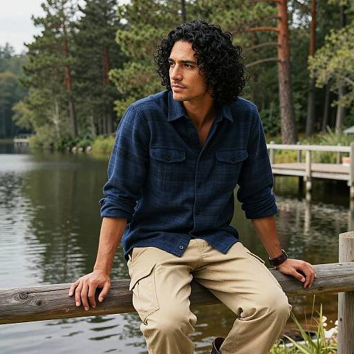 Photograph of a curly-haired man with olive skin, wearing a navy shirt and beige pants, sitting on a wooden railing by a tranquil forest lake.