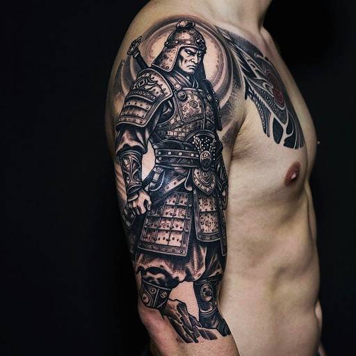 Photograph of a shirtless man with a detailed black and gray tattoo of a samurai in armor on his right upper arm and shoulder. Dark background