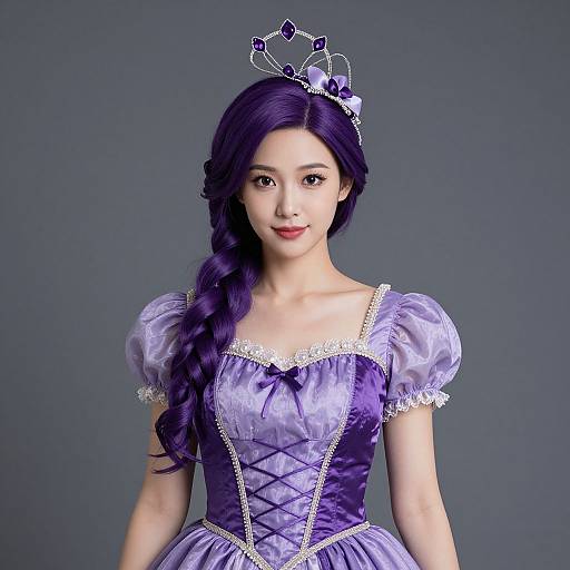 Photograph of an Asian woman with long purple hair in a braid, wearing a lavender fairy tale-style dress with white lace trim, and a jew