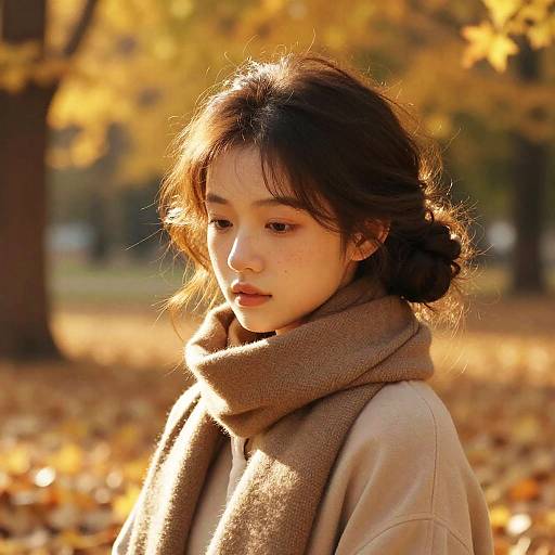Shy Asian Girl in Autumn Park