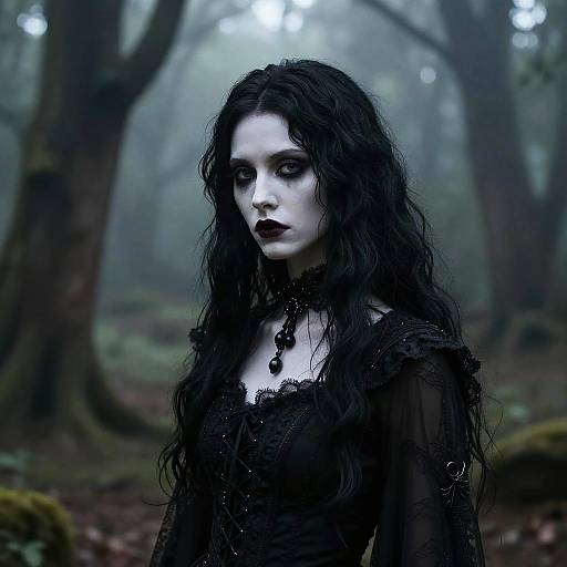 Gothic woman with pale skin, black wavy hair, dark lipstick, black lace dress, and choker, standing in a misty forest