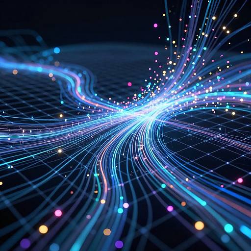 Digital art of glowing blue and multicolored lines converging in a bright white center, surrounded by floating dots, on a dark grid background.