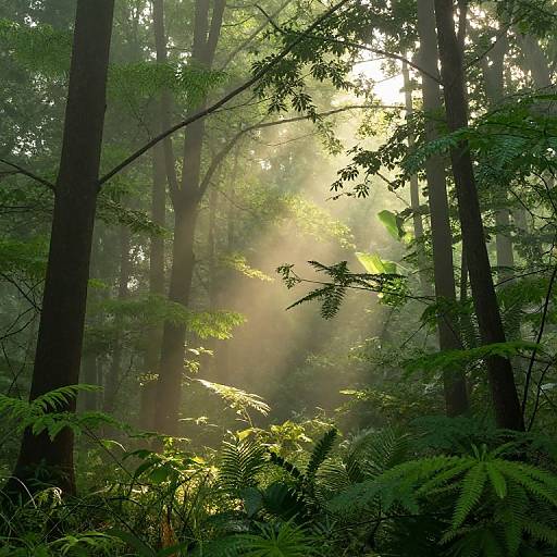 Photograph of a sunlit forest with tall trees, dense green ferns, and misty light beams filtering through the foliage.