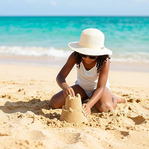 Photograph of a dark-skinned girl with curly hair, wearing a white sunhat and tank top, building a sandcastle on a sunny beach with
