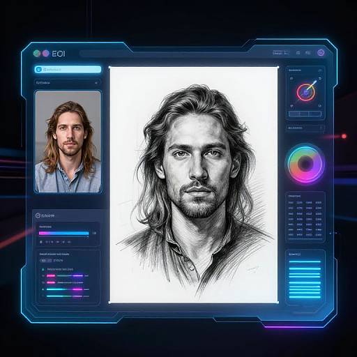 Digital artwork of a face recognition software interface showing a colored photo of a bearded man with long hair on the left, and a black-and-white sketch