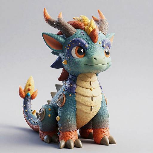 CGI digital art of a cute, colorful dragon with blue and orange scales, big expressive eyes, and textured spikes, sitting against a white background.