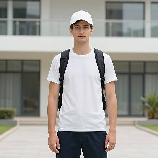 Photograph of a young man with fair skin, short brown hair, wearing a white cap, white t-shirt, black pants, and a backpack,