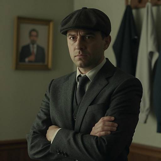 Man in Dark Suit and Flat Cap with Serious Expression