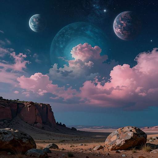 Digital artwork of a desert landscape with pink clouds, rocky terrain, and three planetary bodies in a starry night sky.