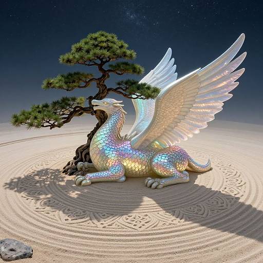 Digital artwork of a radiant, iridescent dragon with glowing wings, lying on intricately patterned sand, beside a small pine tree under a star