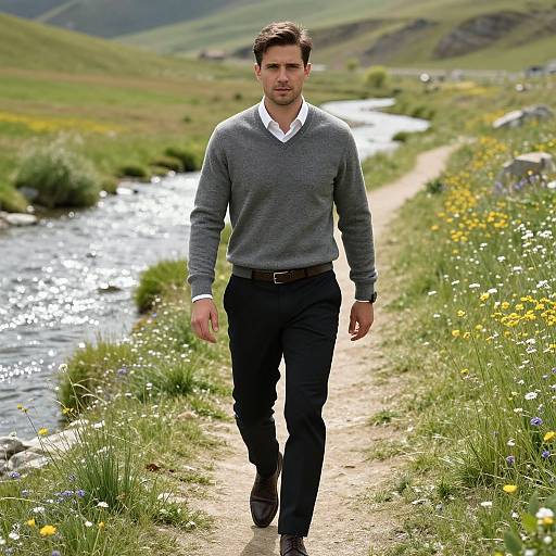Photograph of a handsome man with short brown hair, wearing a gray sweater, white shirt, black pants, walking a dirt path beside a sparkling stream