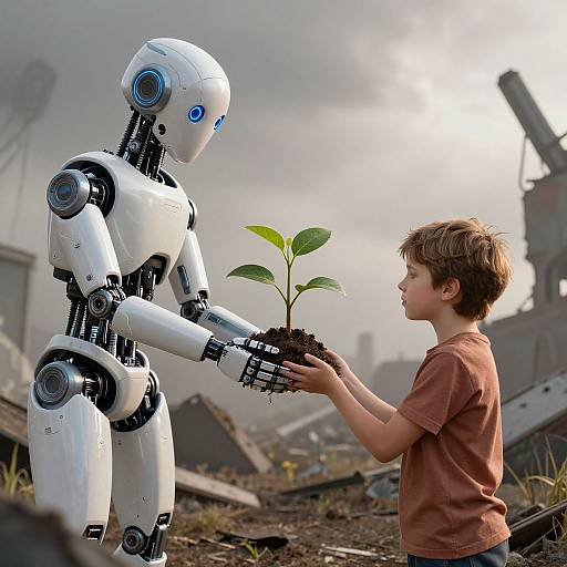 Photograph of a blue-eyed white robot handing a small green plant to a young boy in an orange shirt, amidst a ruined, overcast urban landscape