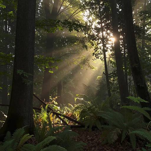 Photograph of a sunlit forest with sunlight beams piercing through tall trees, illuminating green ferns and shadows on the forest floor.