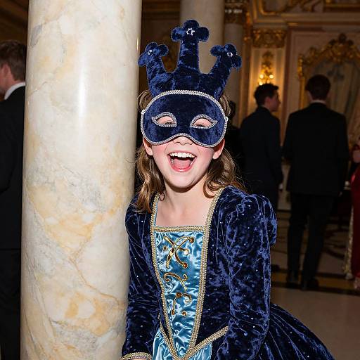 Photograph of a joyful young girl in a blue velvet costume and black velvet masquerade mask with crown-like details, standing beside a marble pillar in